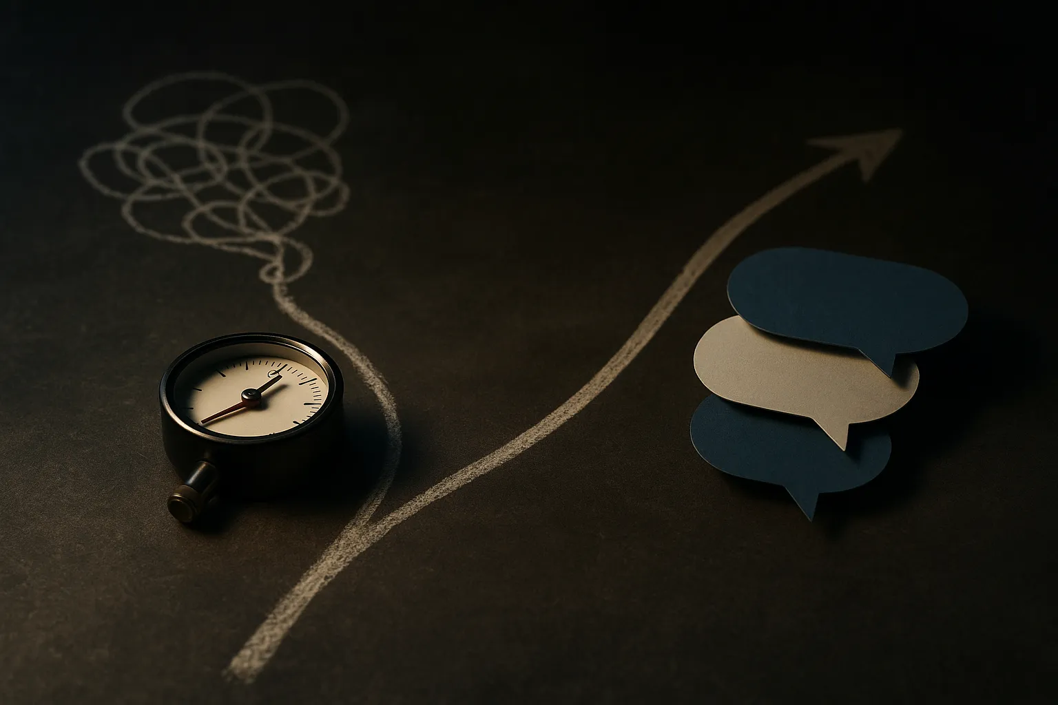 a messy demonstration path splitting into a tiny gauge on one side and layered speech bubbles guiding a corrected smooth