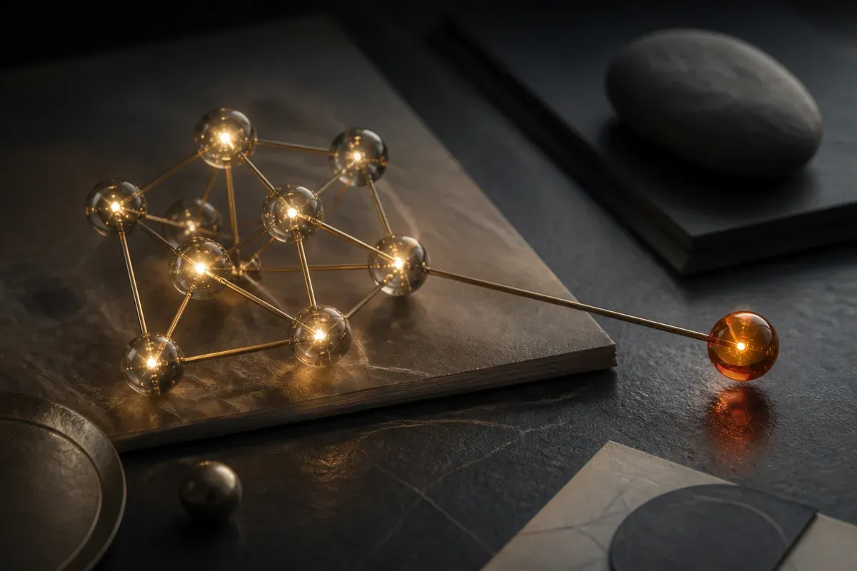 one cluster of connected glowing nodes shifting as a single node is pulled outward