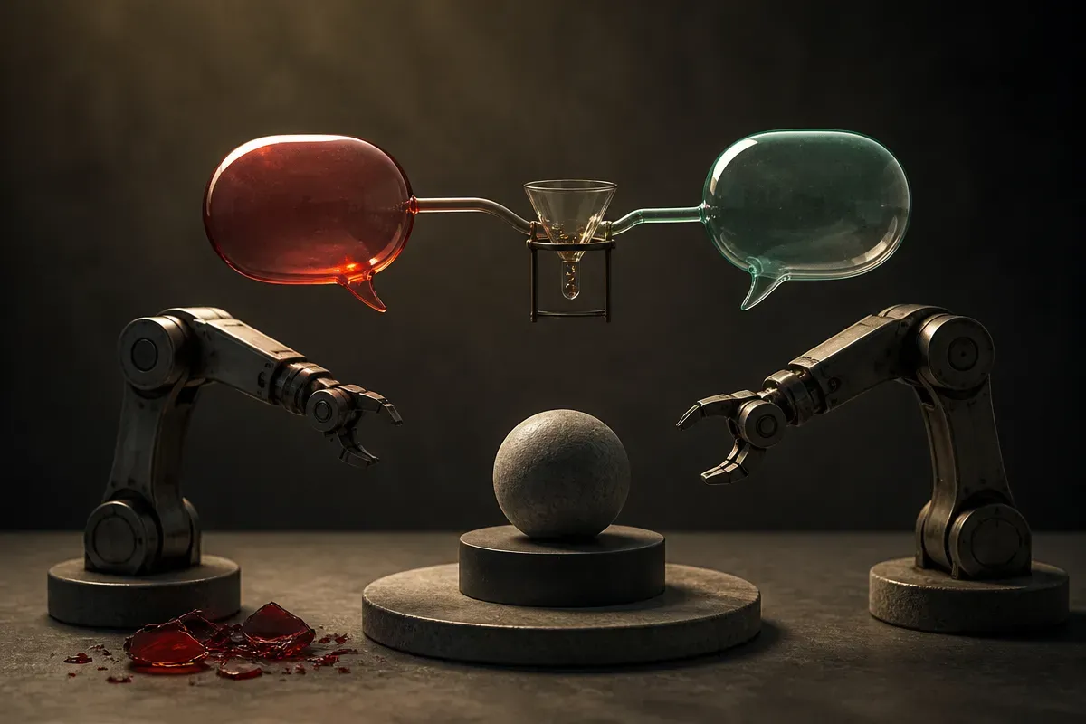 two robot arms facing the same object, one speech bubble causing a failed motion, another speech bubble passing through