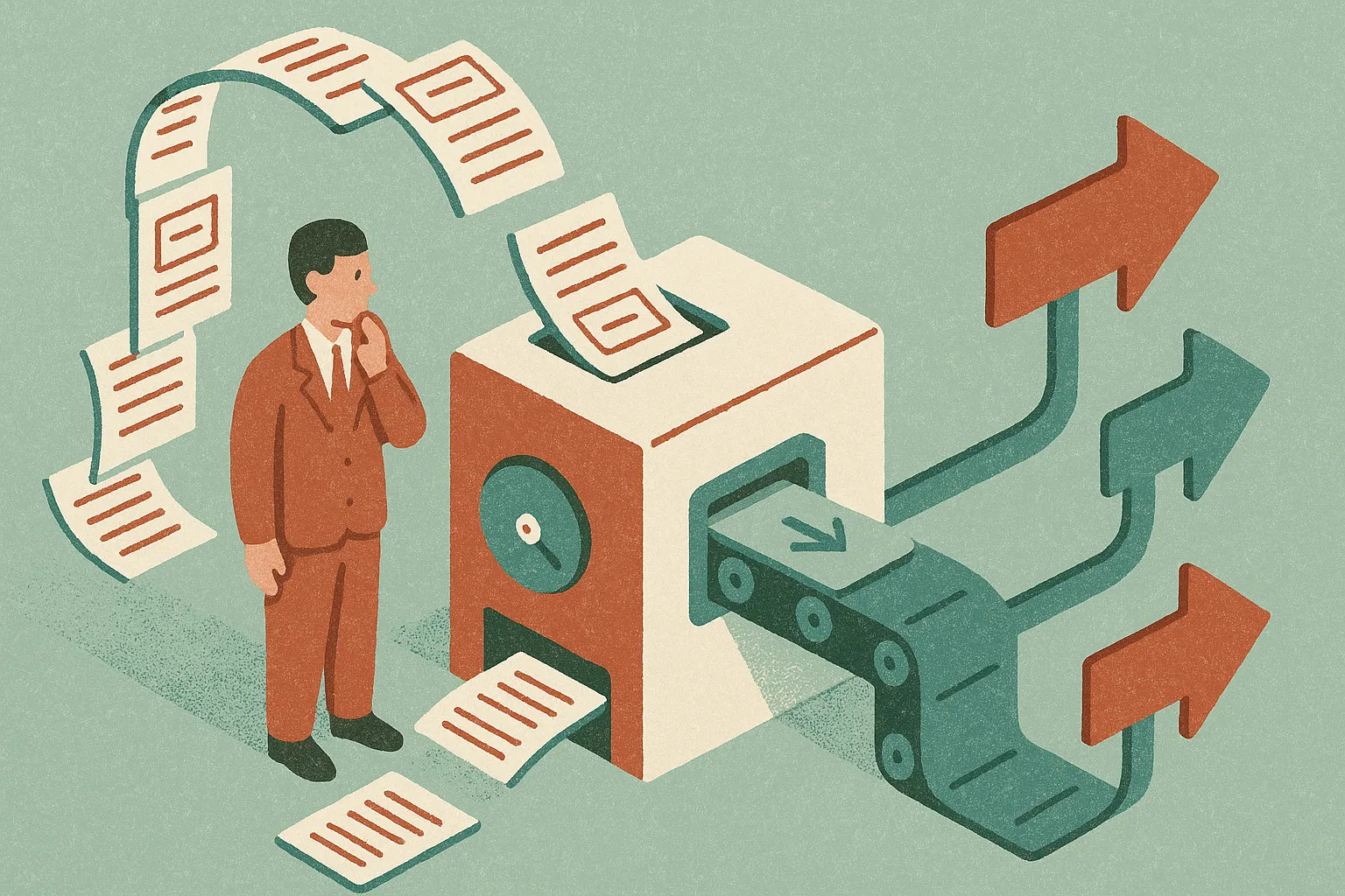 an office workflow where repetitive task cards flow into a machine while a person remains beside it judging several poss