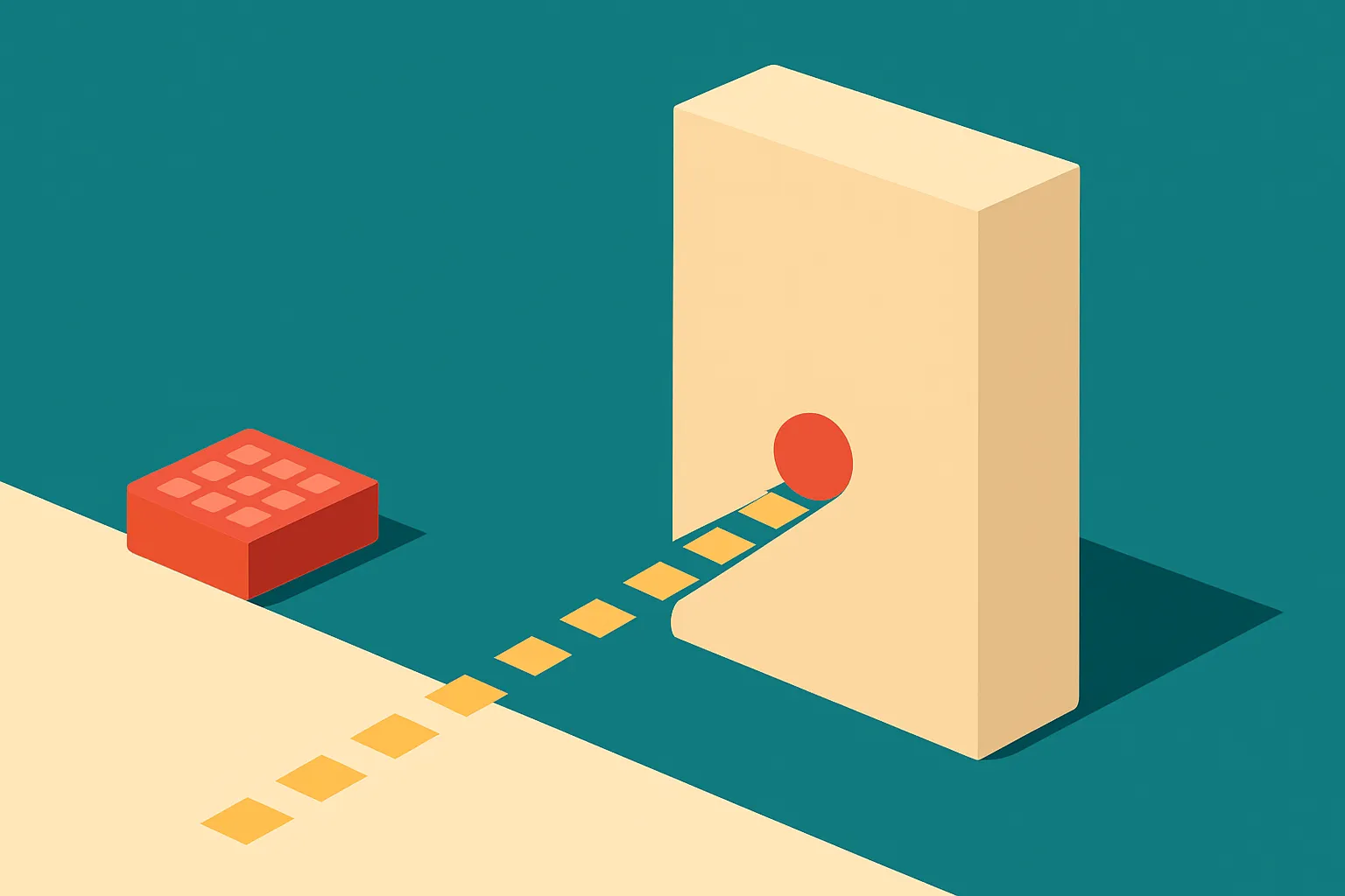 tiny memory block beside a massive storage slab, with a narrow stream of highlighted expert blocks feeding one token pat