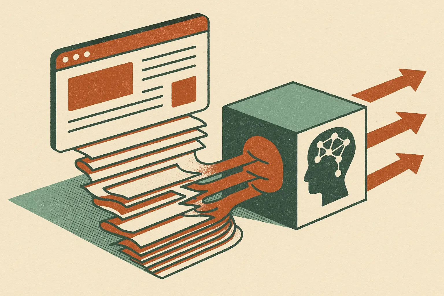 an old web page with visible content on the surface and hidden layers flowing into a model-shaped processing box, which 