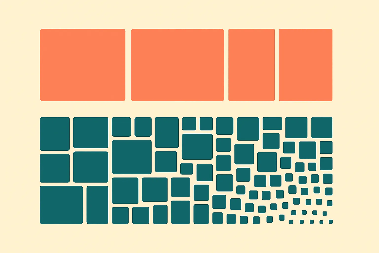 the same short phrase split into a few large blocks versus many small fragments, two rows contrasted