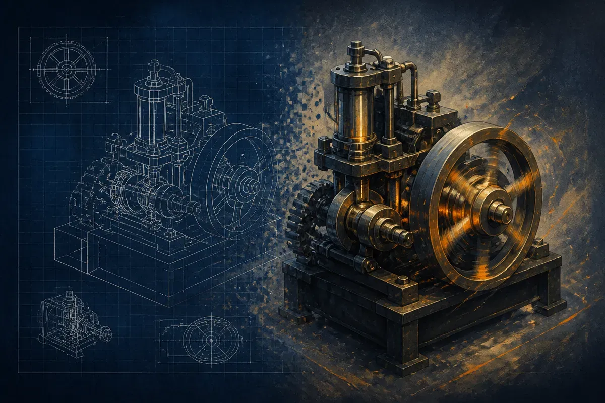 a static blueprint of a machine on one side and the same machine actually running with moving parts on the other, showin