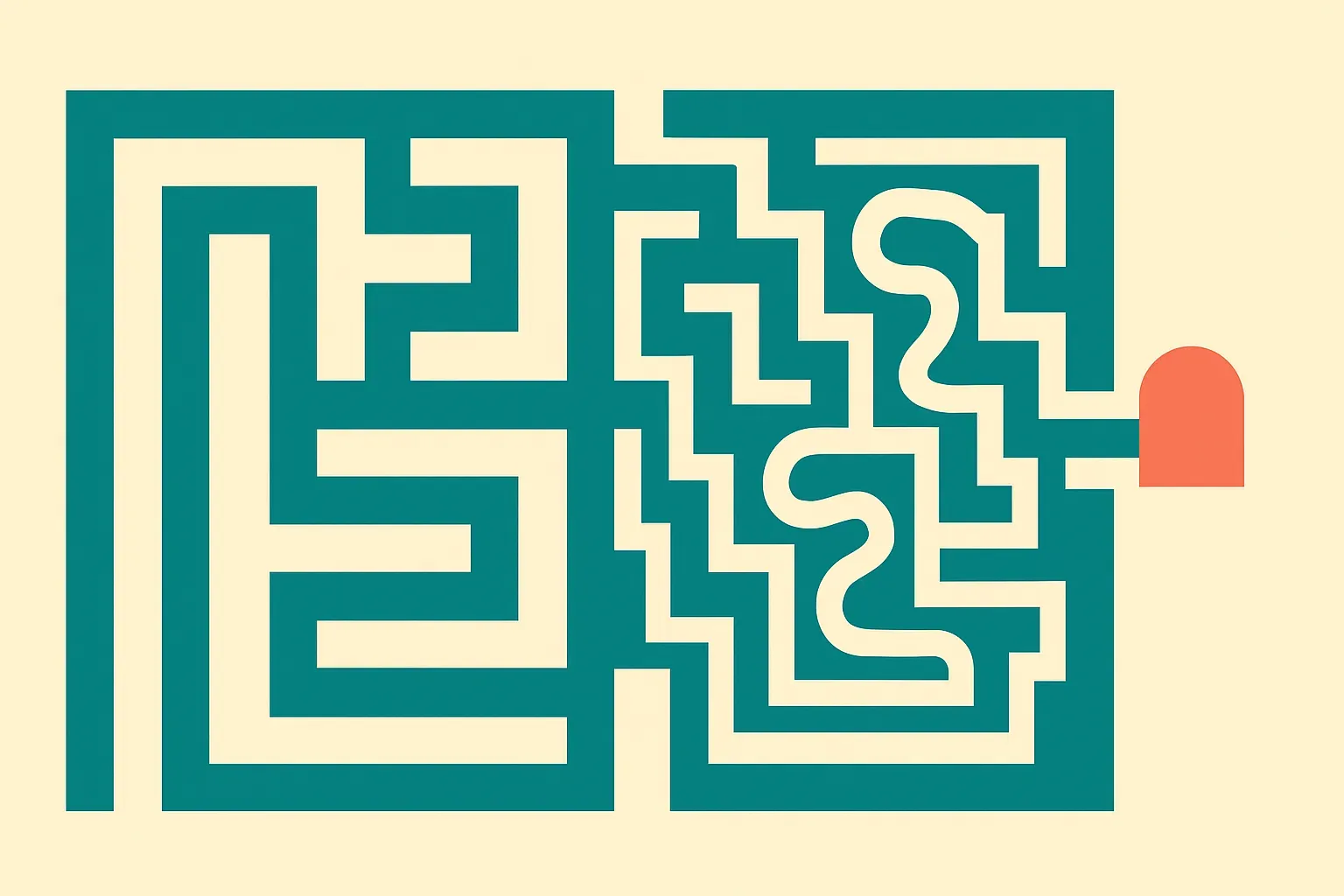 two paths through a maze reaching the same exit, one direct and one wandering, shown side by side to contrast identical