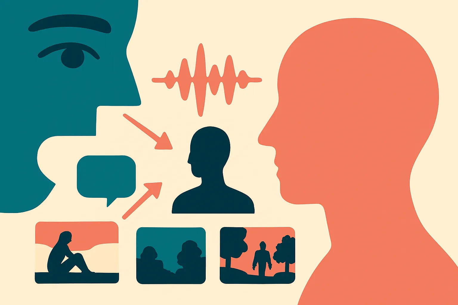 a tiny speech bubble surrounded by a face crop, an audio waveform shape, and several scene thumbnails, all converging in