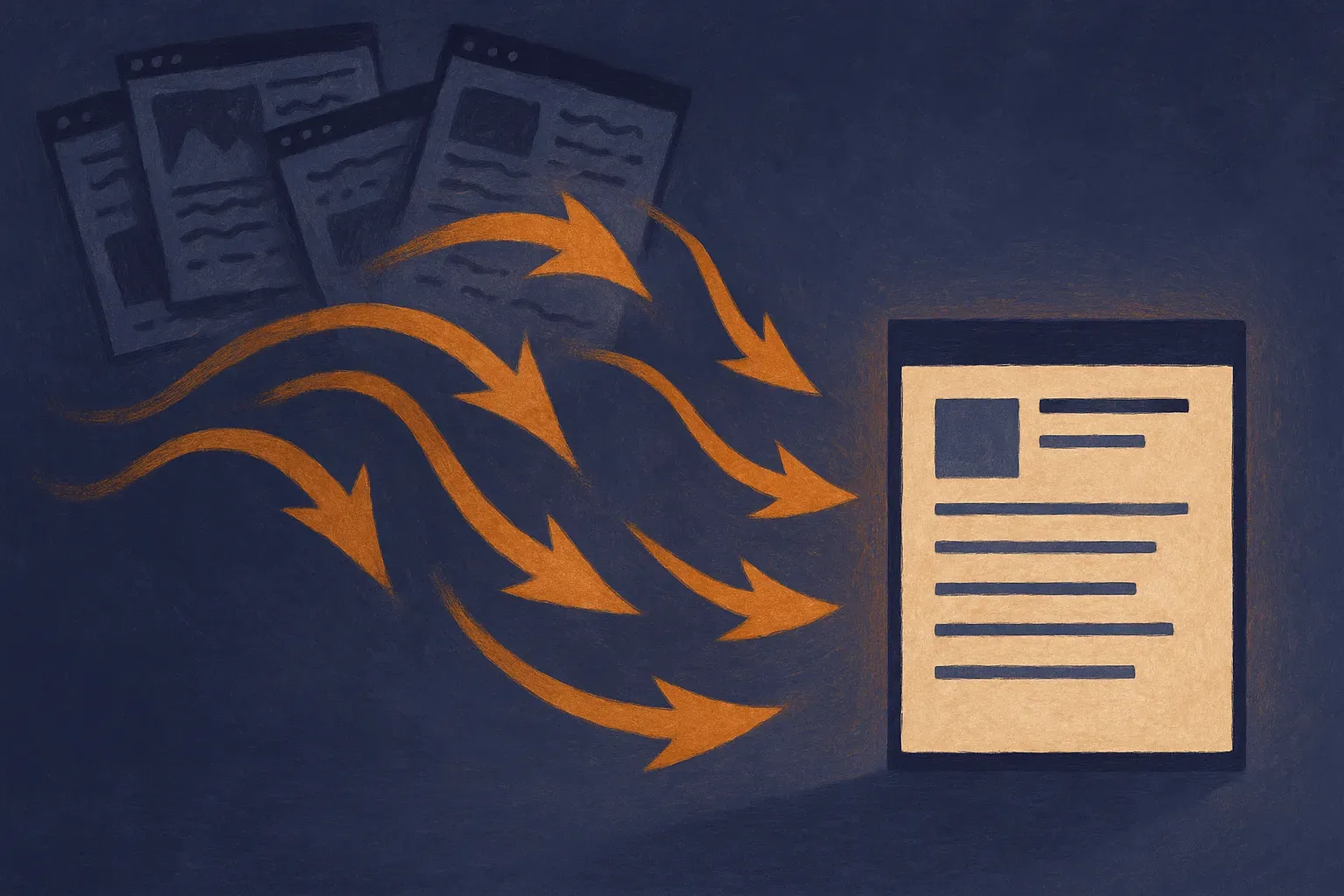 several messy web pages flowing into a cleaner citation path, with one structured page standing out as easier for an AI 
