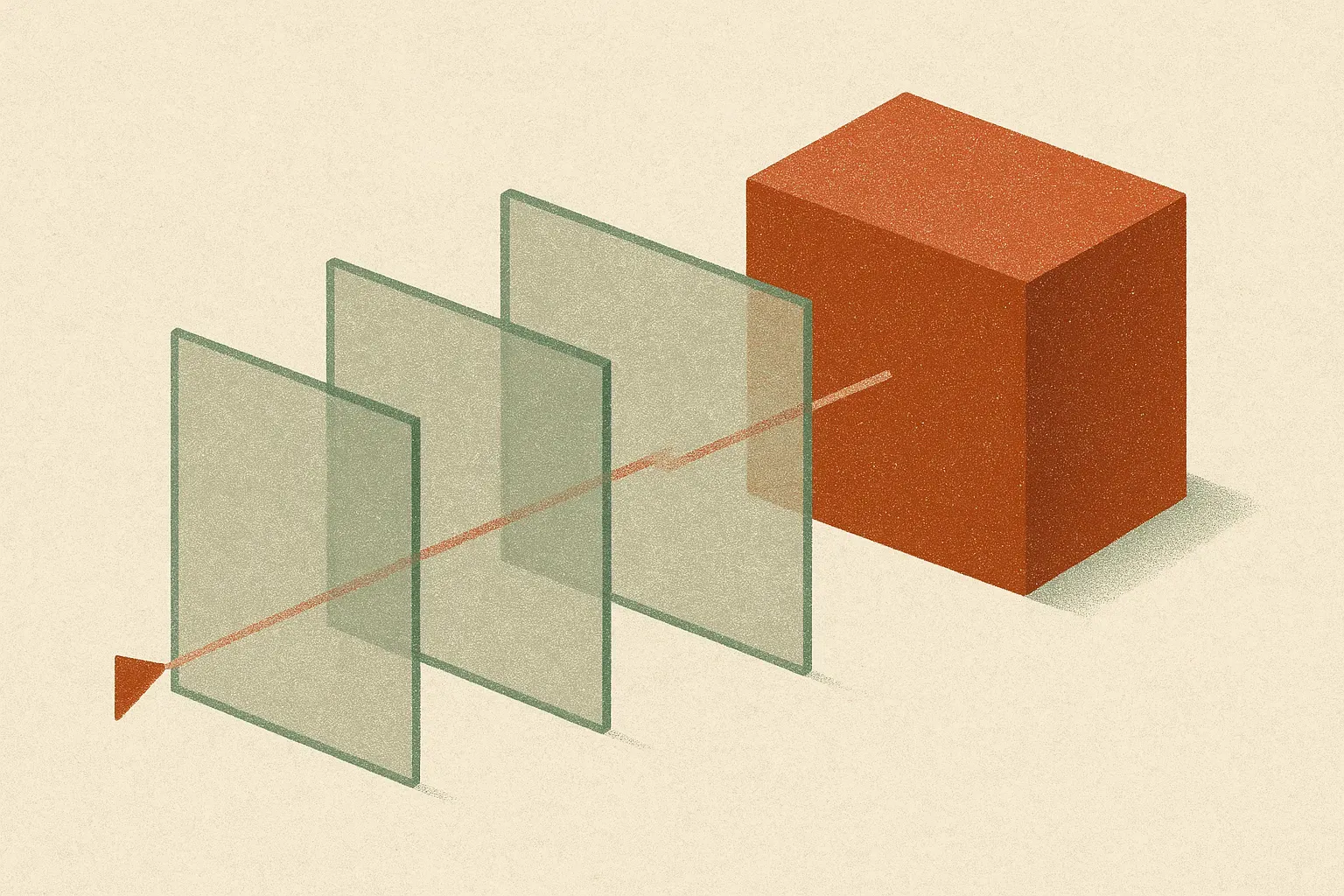 a tiny signal passing through several increasingly large translucent filters before becoming a large solid object