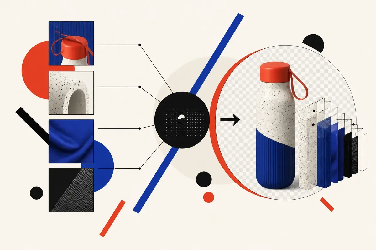 a compact creative pipeline where several reference images flow into one editable layered output with a transparent back