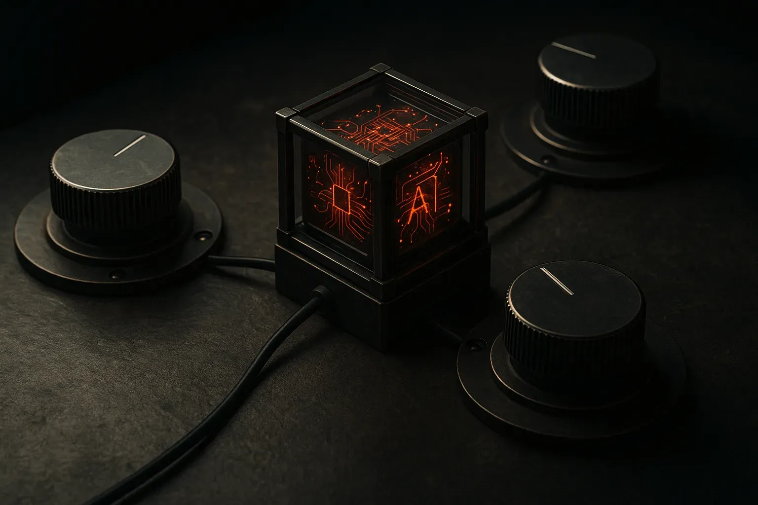 a single machine core surrounded by three separate adjustable dials, each feeding into it independently