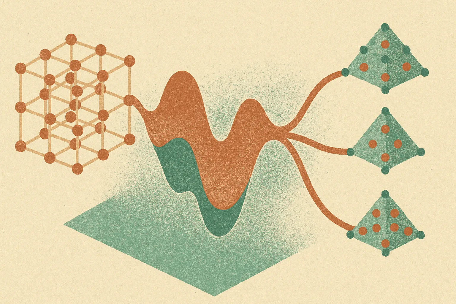 crystal structure flowing into a learned energy surface, then branching into several possible stable phases under differ