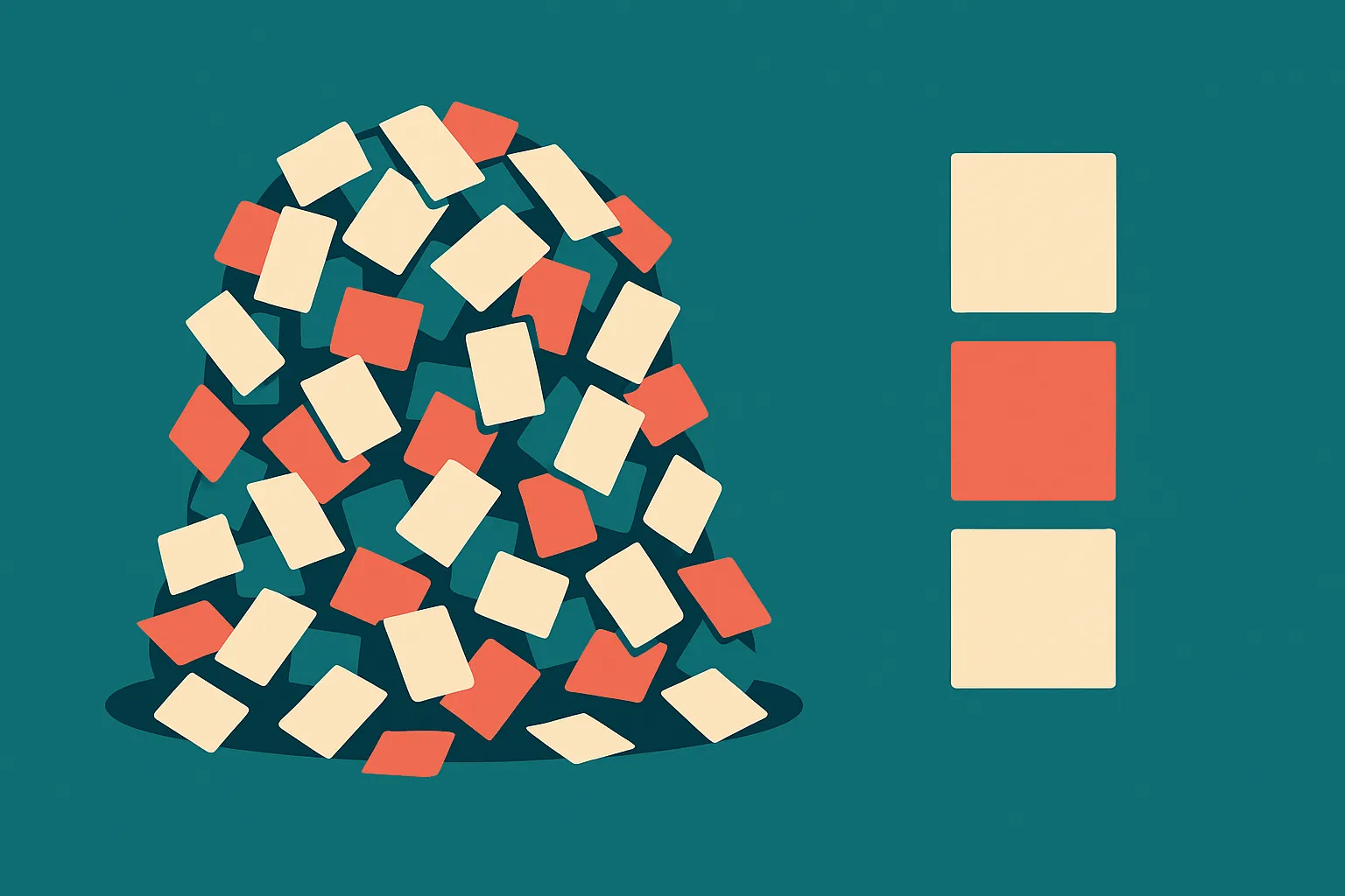 a tangle of many small patches piled onto one object versus a few clean groupings, contrast between clutter and structur