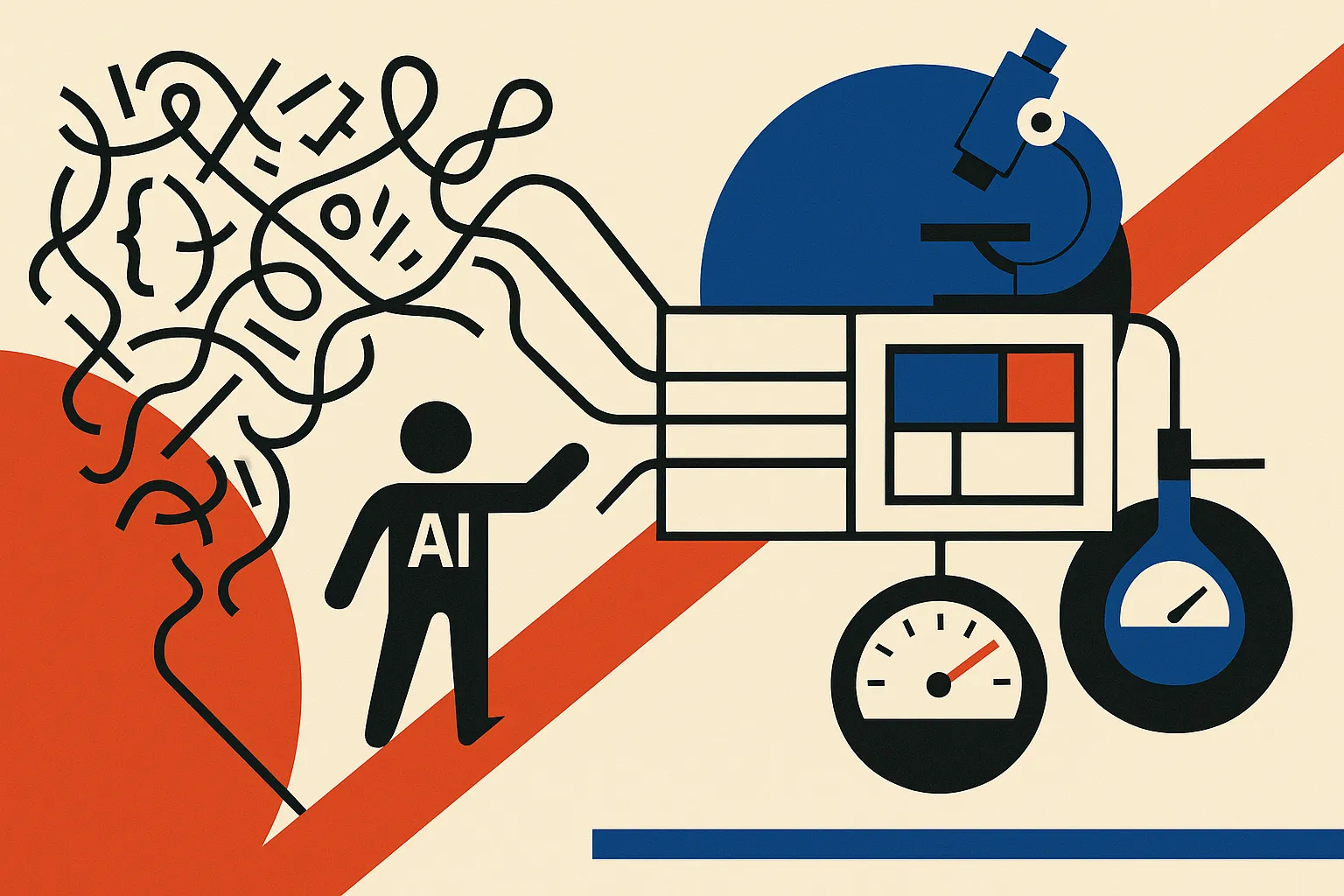 tangled research code and scattered lab artifacts flowing through a small assistant figure into a clean modular system c