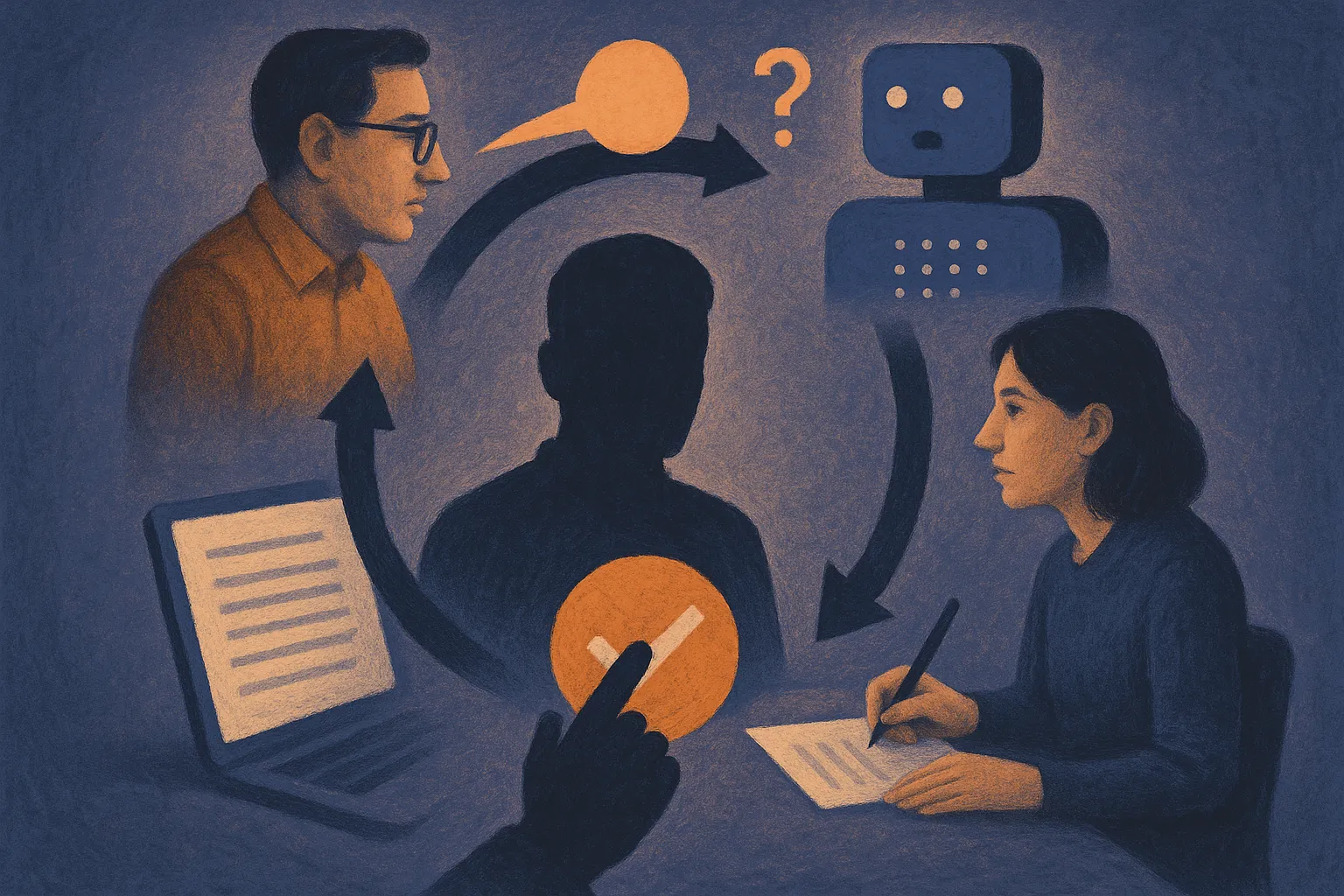 an expert, an AI interviewer, and a writer arranged in a circular workflow with a clear human approval checkpoint before
