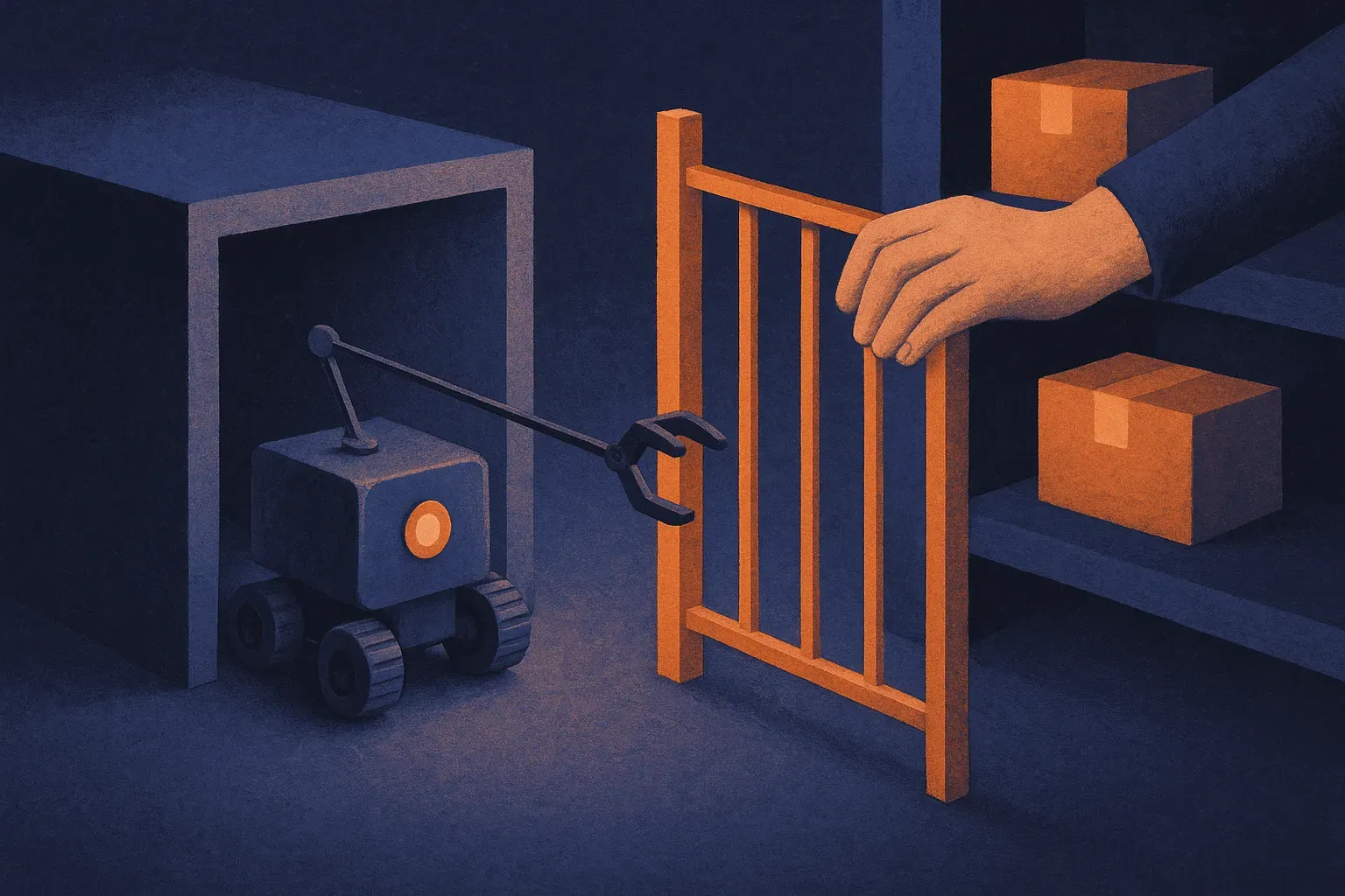 a small autonomous machine reaching from a protected test box toward a shared public package shelf, with a human hand tr