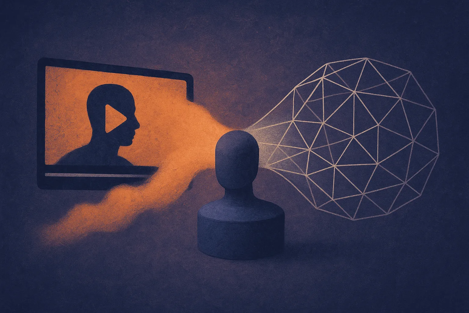 a video scene splitting into a soft volumetric shape stream and a crisp wireframe geometry stream, then merging into one