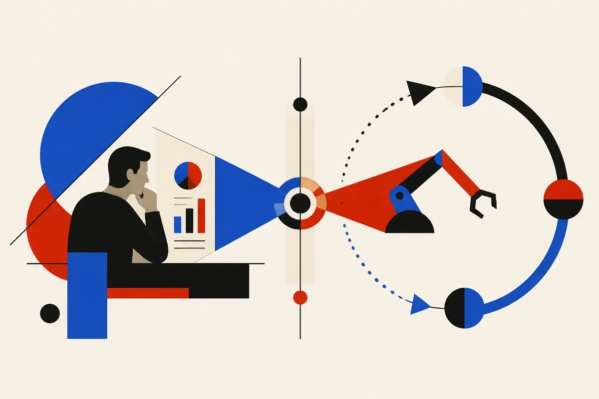 a human analyst and an automated loop feeding into one shared decision point