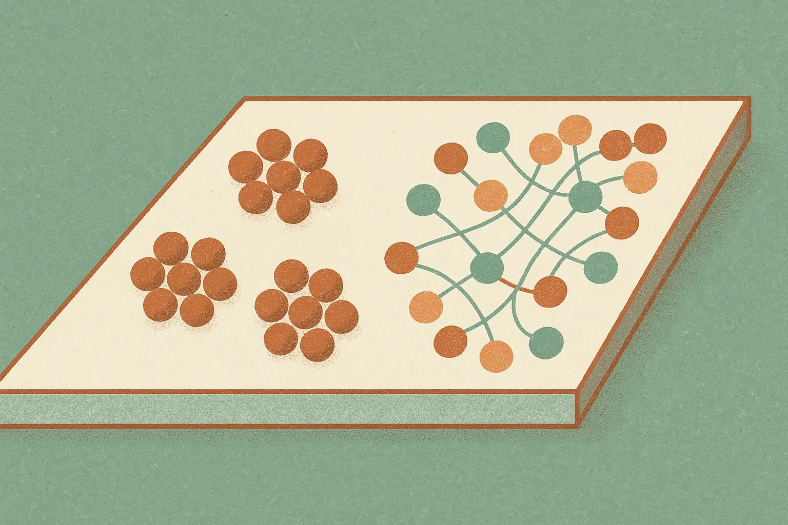 two contrasting embedding spaces, one with tight isolated clusters, the other with loose colored clusters crossed by man