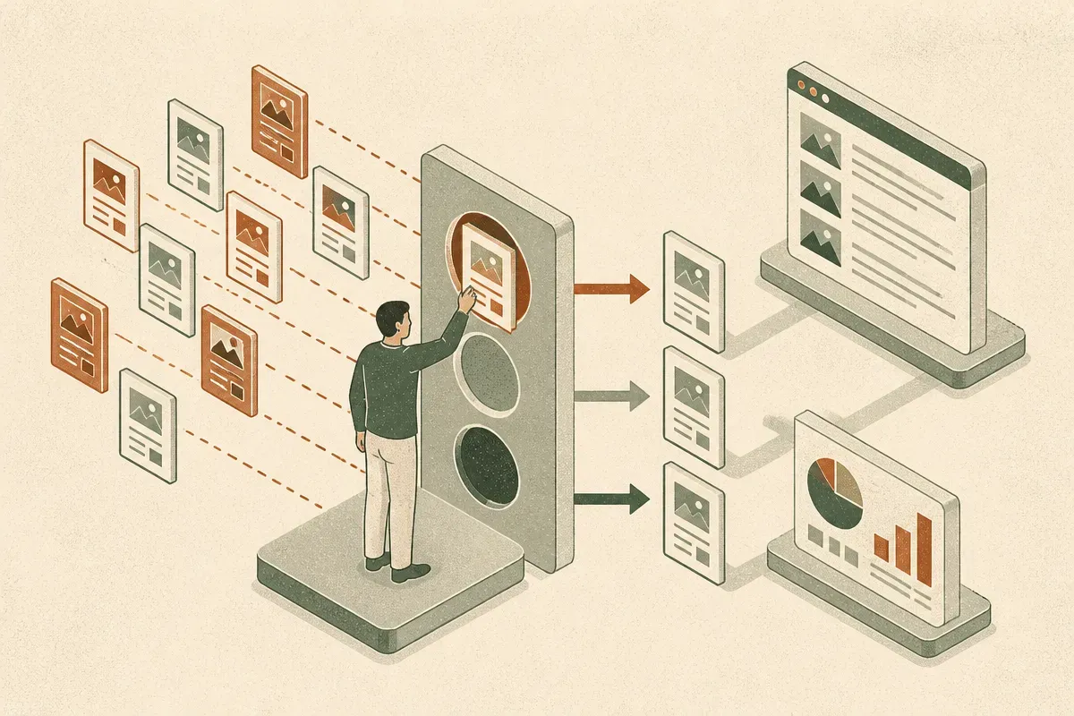 human reviewer filtering generated pages before they flow into search results and analytics dashboards