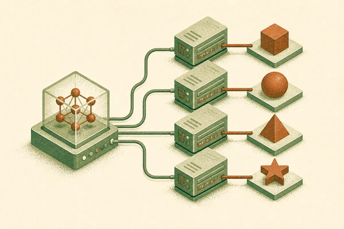 one model feeding into four different server boxes, with each box producing a different shaped tool-call output