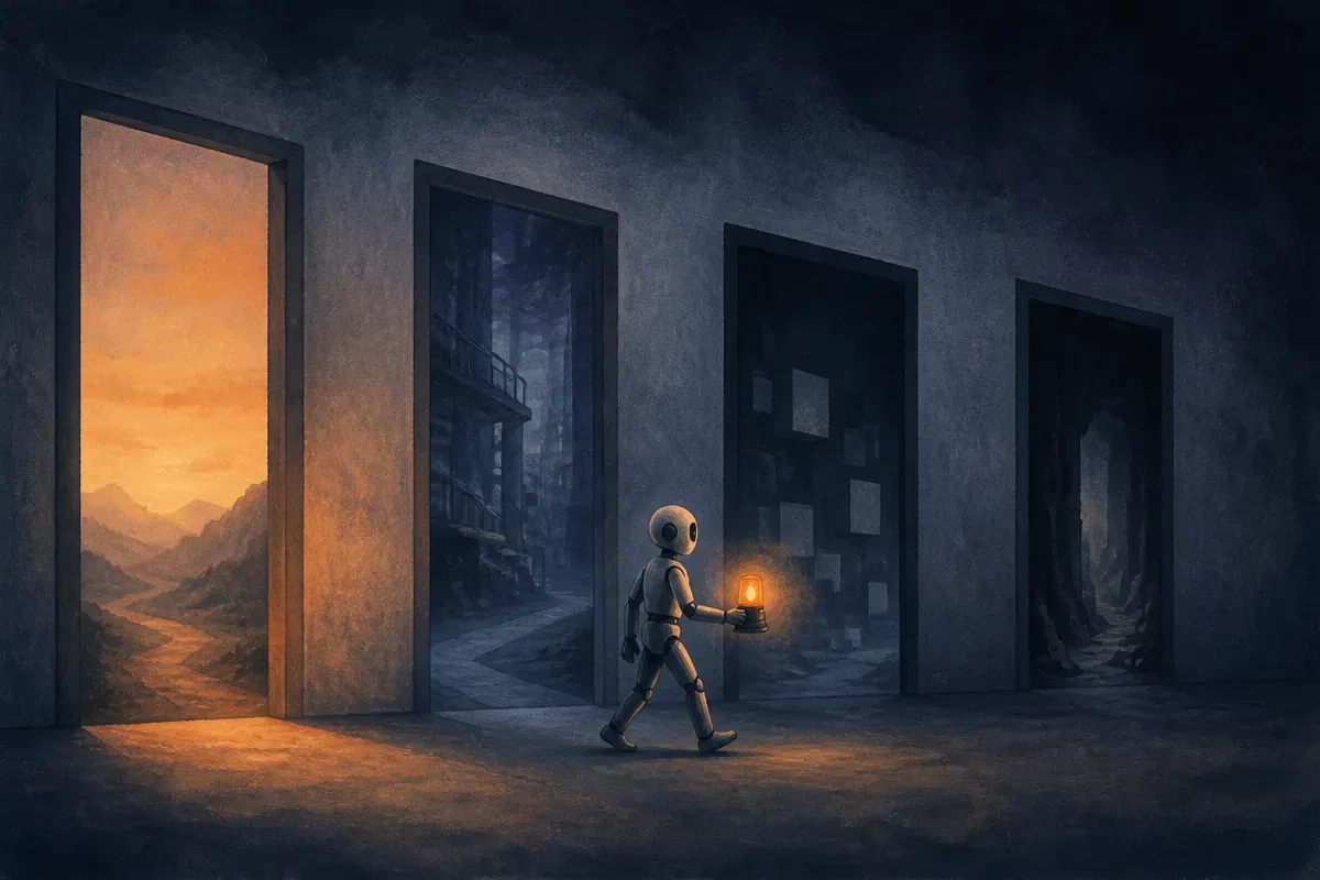 an agent carrying a small warning light through several rooms, with the light growing dim before the final doorway