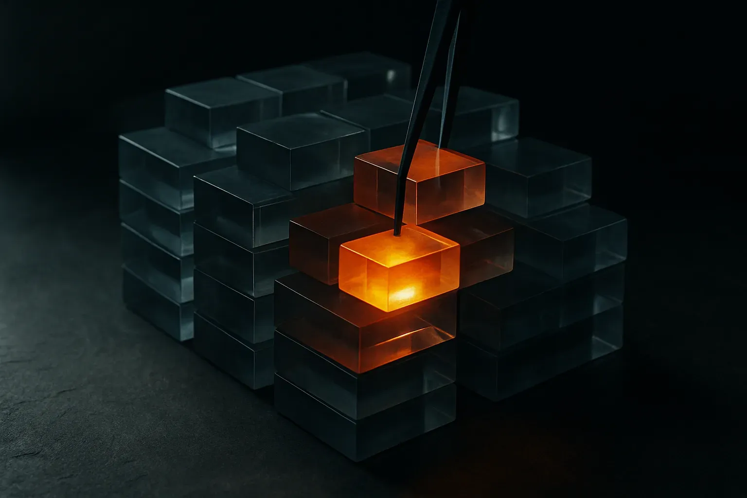 transformer layers shown as stacked translucent blocks, with only a few central blocks glowing and being adjusted while 