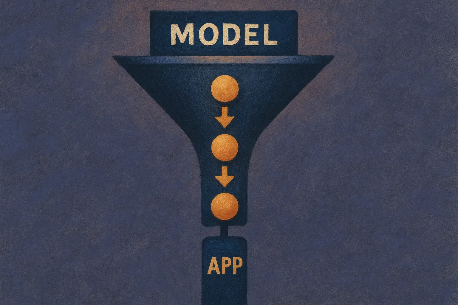 model name appearing at the top of a funnel, passing through verification, evals, and production gates before reaching a