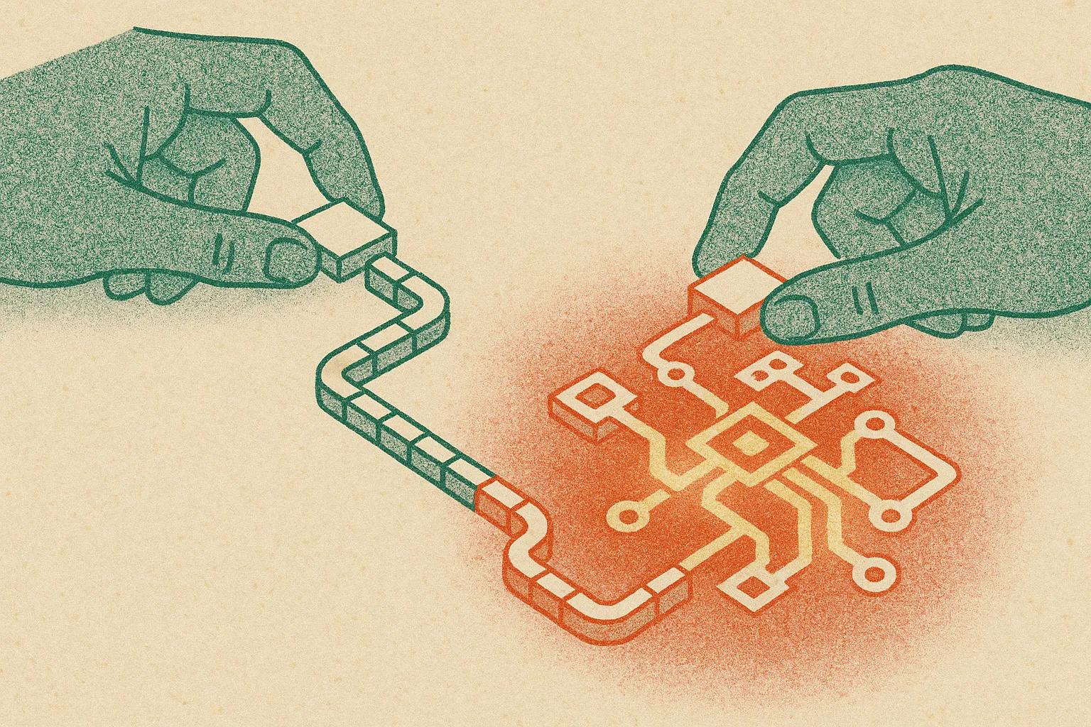 human hands moving small tiles through a simple chain that gradually becomes a glowing machine-like pattern