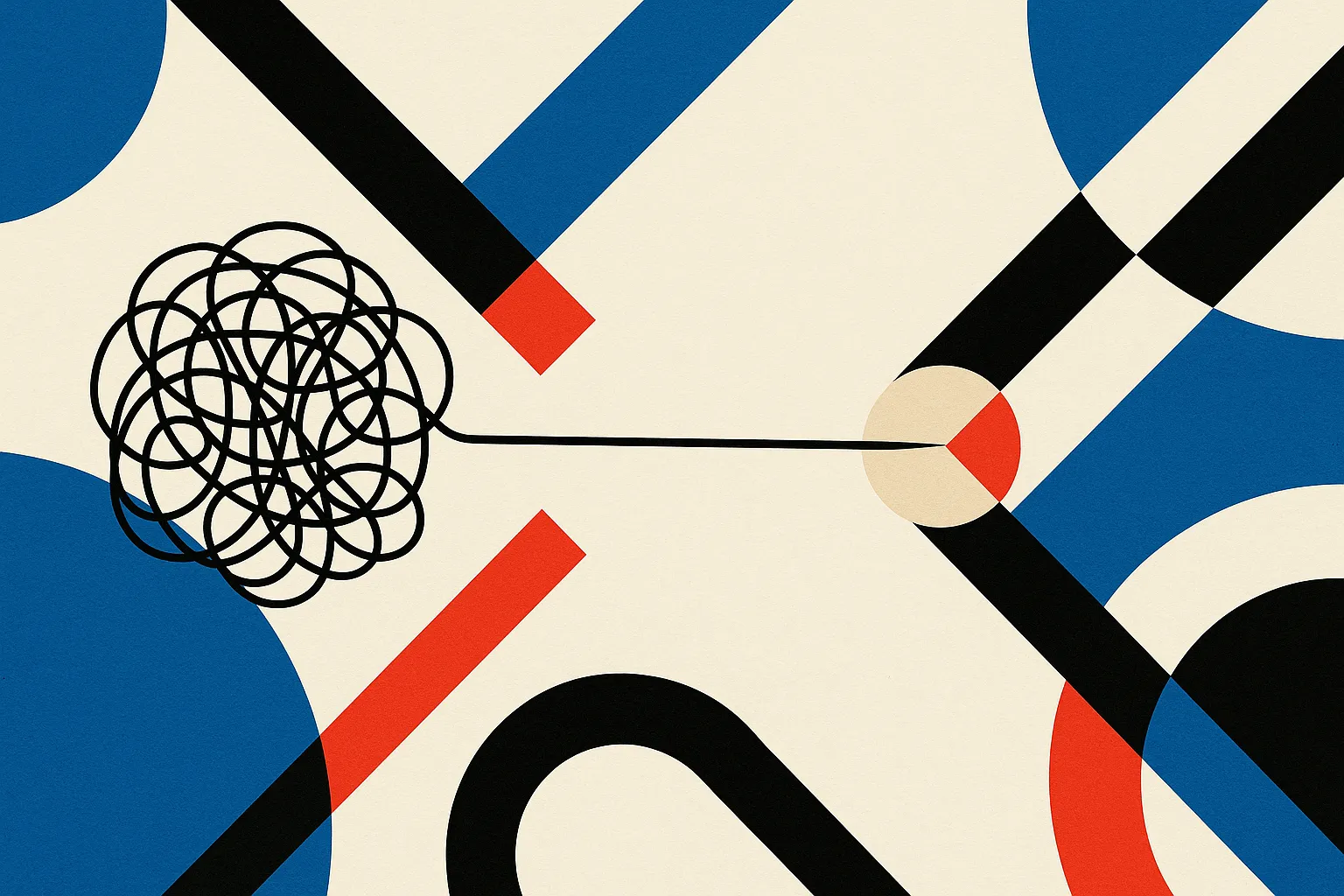a long tangled thread narrowing into a single clear focused point