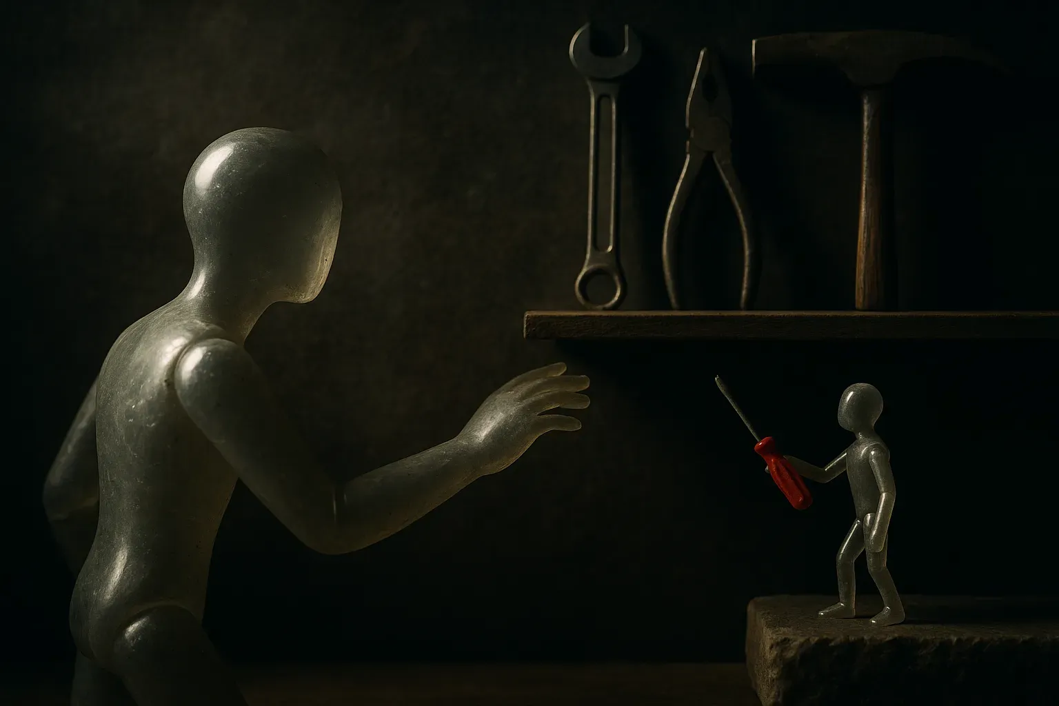 a large model reaching toward a shelf of tools versus a small separate helper handing tools to the large model