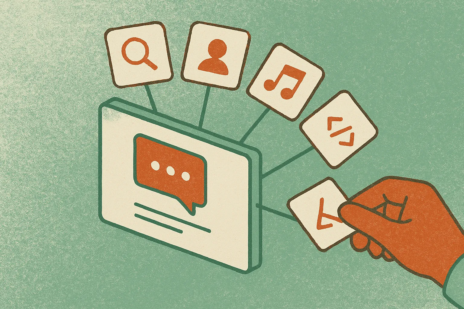 a central chat window connected to a fan of small tool cards, with some cards already attached and one new card being ad