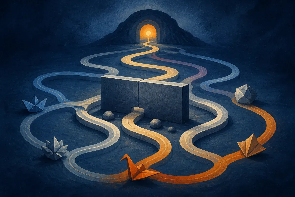 several different language pathways looping around a blocked central route to reach the same hidden fact