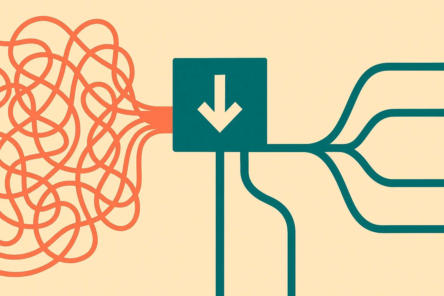 many messy inputs flowing into a compact decision box that splits into several clean paths
