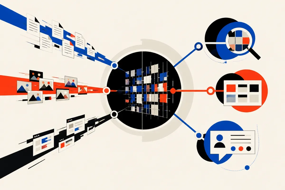 separate streams of documents, images, and screenshots flowing into one shared retrieval space, then branching into sear