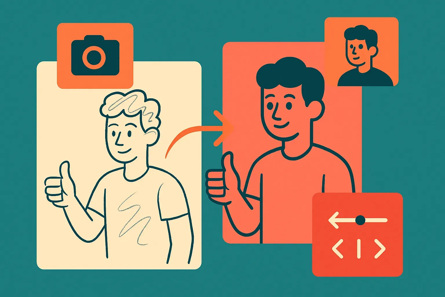 an artist sketch transforming into a polished animated character, with separate floating fragments showing camera motion