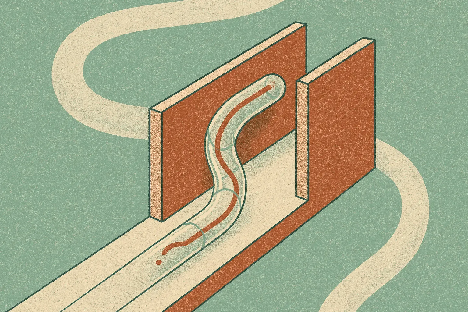a curved uncertain trajectory passing through a narrow corridor, surrounded by a tight translucent safety tube, contrast