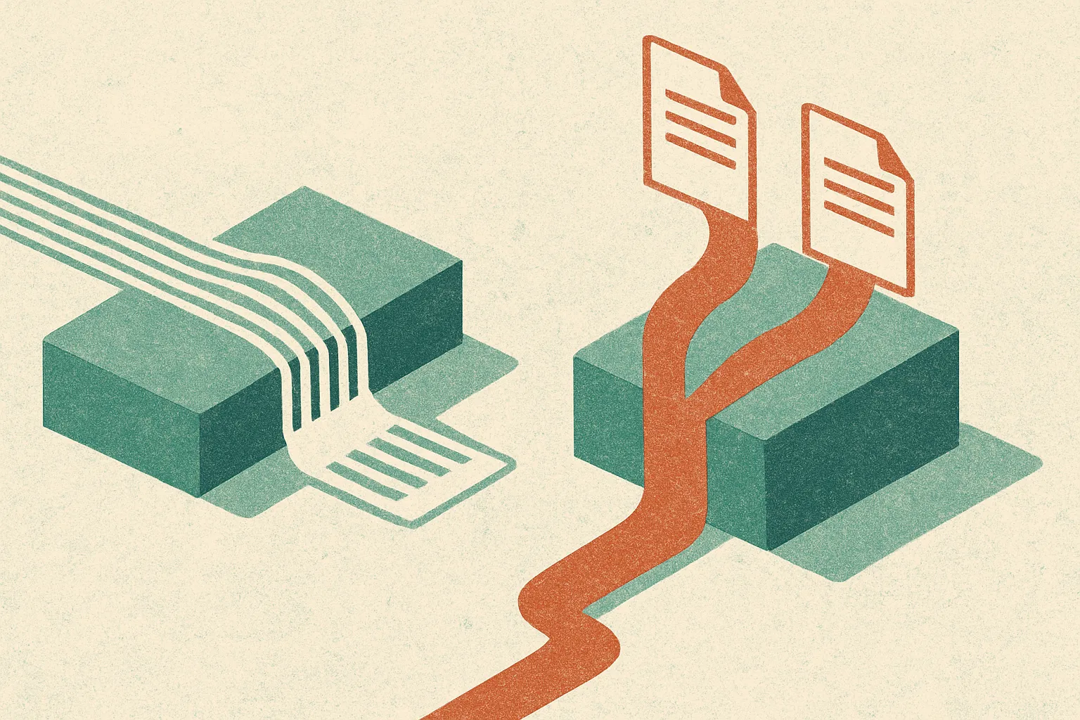 two document pages flowing through separate paths, one flattened into thin strands and one preserving page shapes, both 