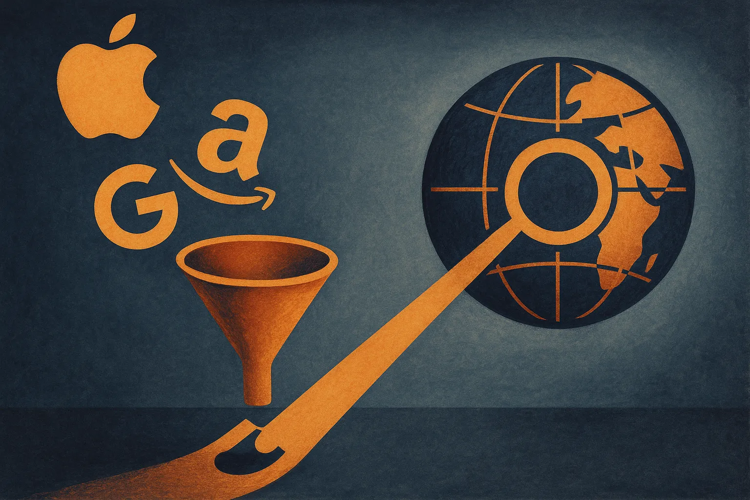 three brand-shaped objects entering a narrow funnel before a web-search globe, with only two continuing through