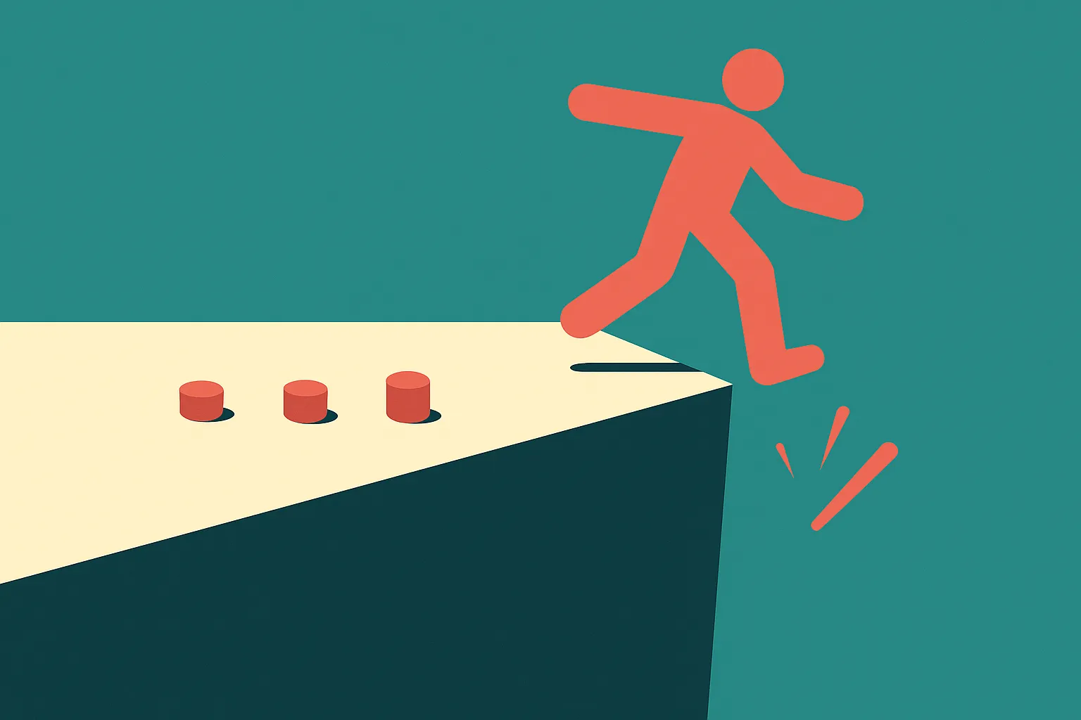 a steep cliff edge where small gains sit on a flat plateau and a single misstep falls off the side, contrasting quiet wi