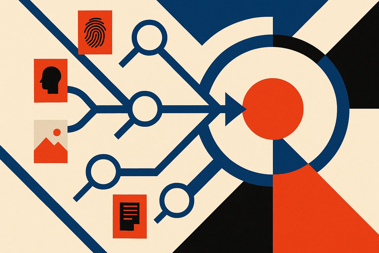 branching investigation paths with small evidence artifacts attached, gradually converging into one synthesized result