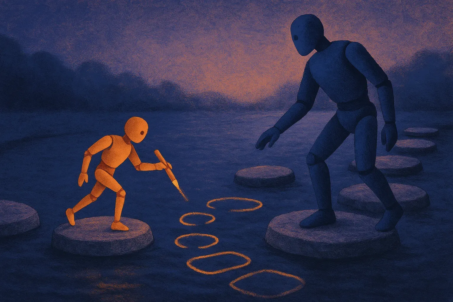 a small fast model sketching several stepping stones ahead while a larger model checks the path before both continue acr