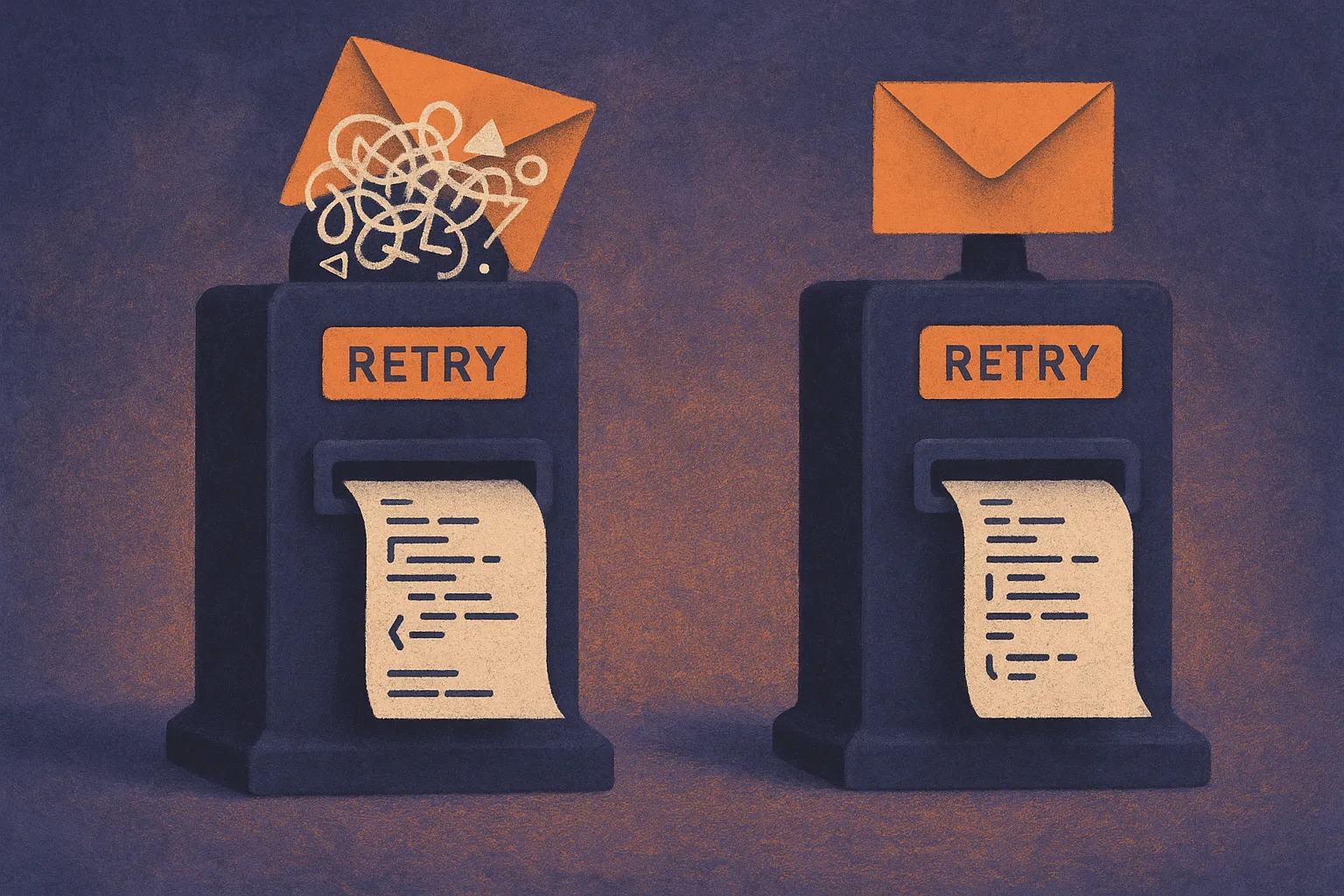 two identical retry machines fed by different error-message envelopes, one filled with tangled diagnostic shapes and one