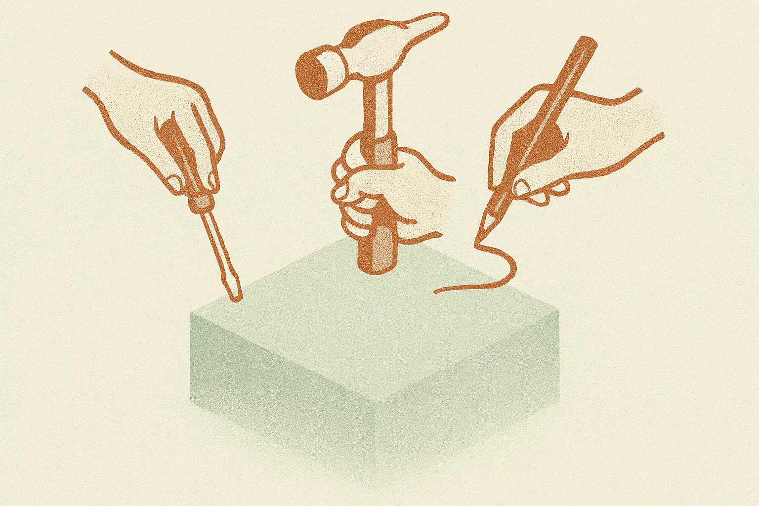 a large foundation block below three small distinct tools being actively used by hands, the foundation faded and the too