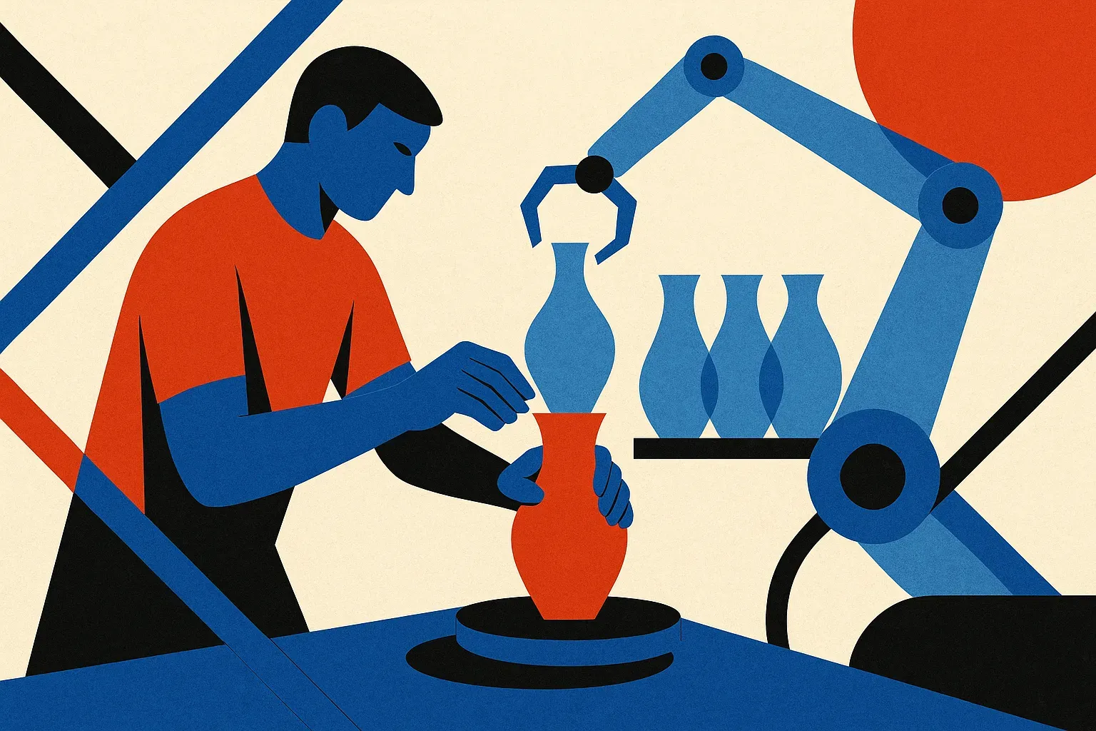 person shaping a handmade object while a translucent machine arm offers multiple unfinished versions beside them