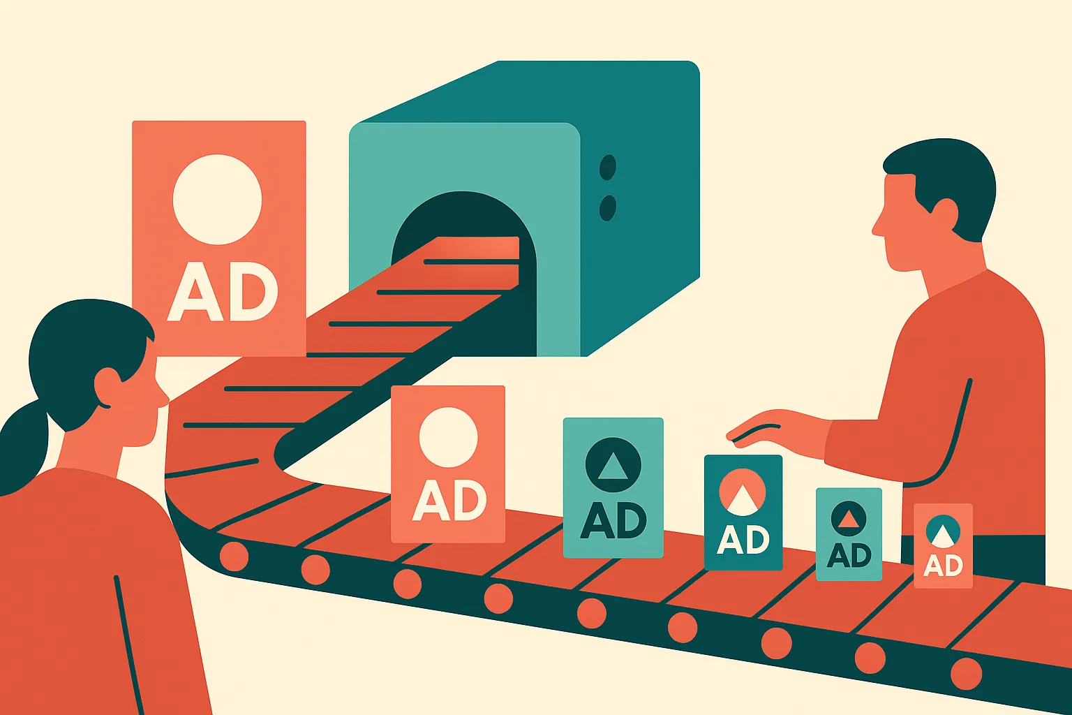 an assembly line where a finished ad enters a machine and exits as several altered versions, with one human checkpoint b