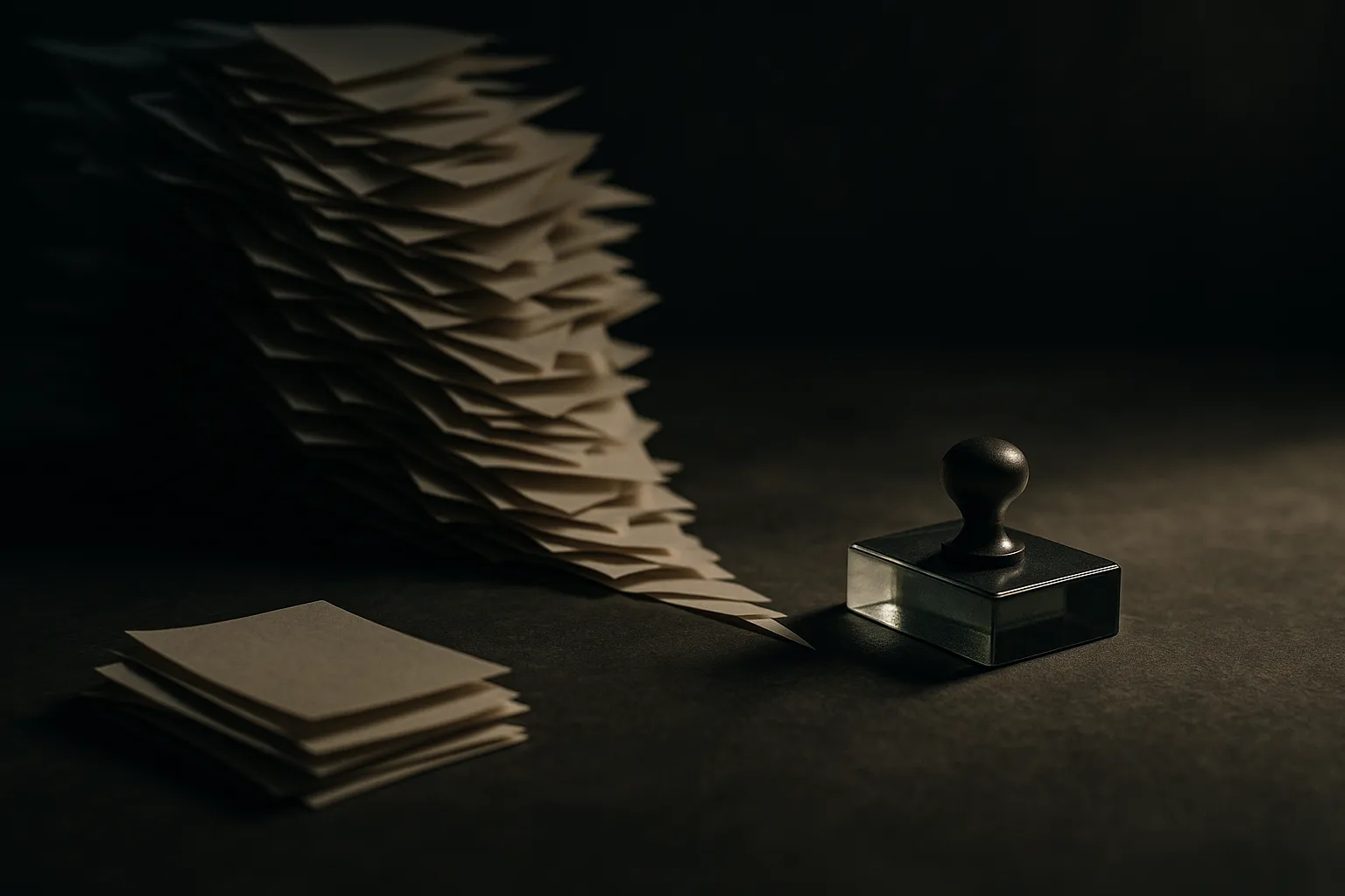 a dense funnel of papers narrowing into a single overwhelmed checkpoint, with a second smaller checkpoint placed earlier