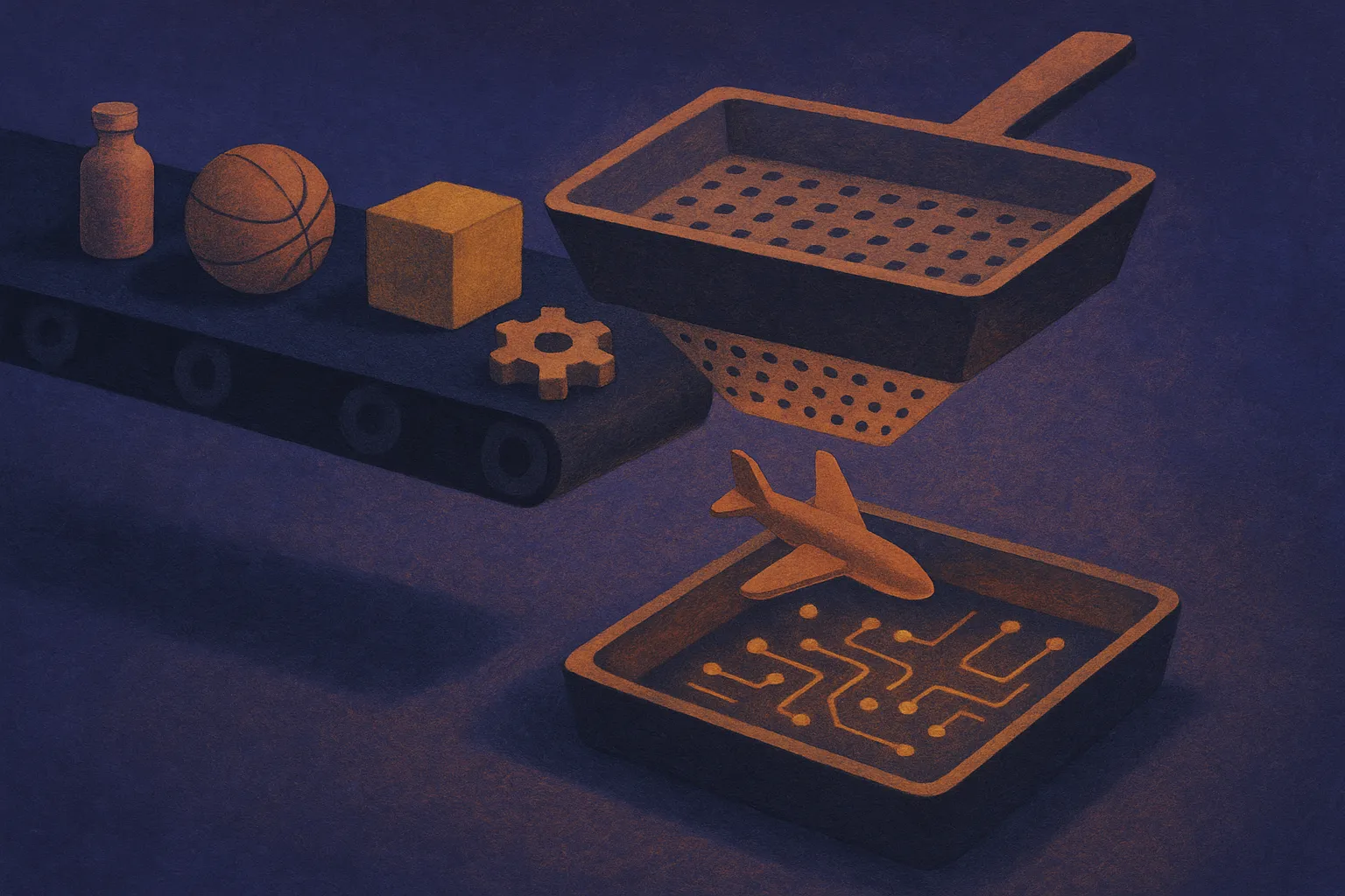 a messy conveyor of varied objects passing through a filter, with one airplane-shaped object slipping into a glowing tra