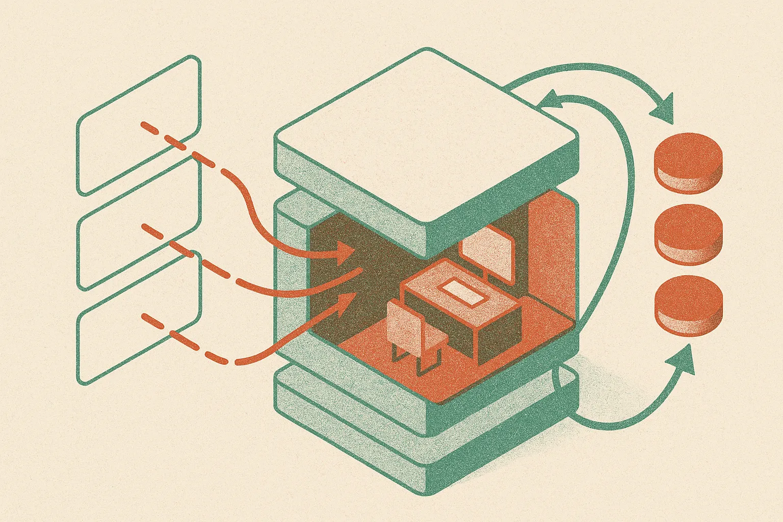 prompt representations flowing into a compact hidden workspace inside a layered model, then into generated tokens, with