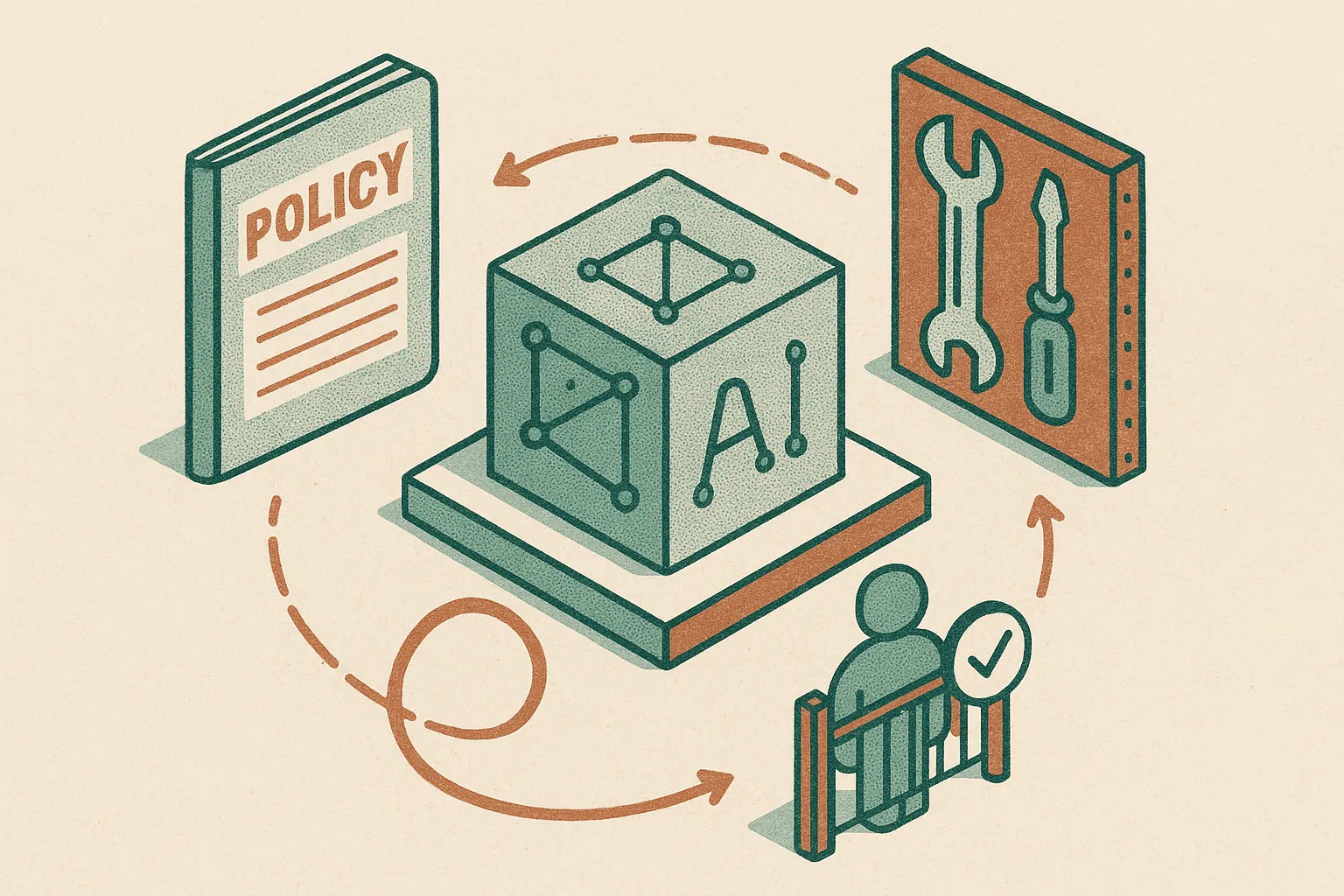 a fixed model core surrounded by a versioned policy notebook, tool rack, critic loop, and human approval gate