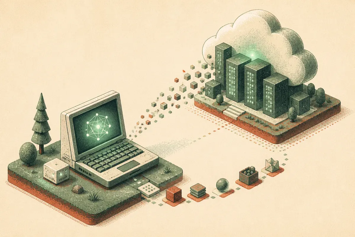 an old laptop quietly running a small glowing model beside a large distant cloud machine, with small task objects flowin